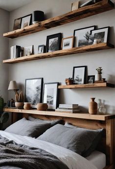 36 Cozy Earthy Bedroom Designs to Inspire Your Oasis Stone Aesthetic Room, Earthy Bedroom Wall Decor, Men’s Wall Art Bedroom, Aesthetic Shelves Bedroom, Shelving Ideas For Bedroom, Bedroom Shelving Ideas Above Bed, Bedroom Ideas For Men Aesthetic, Wood Shelves Bedroom