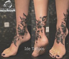 two pictures of the same person's feet with flowers on them and one is showing