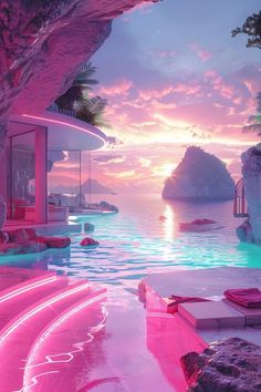 an outdoor swimming pool with pink lights and rocks in the water at sunset or sunrise