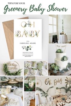 a collage of green baby shower items