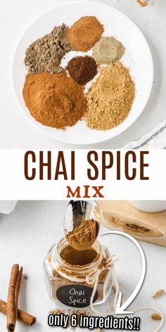 the ingredients for chai spice mix on a white plate