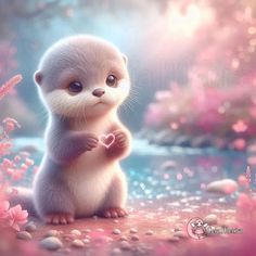 an adorable little animal standing on its hind legs in front of pink flowers and water