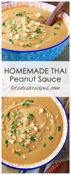 homemade thai peanut sauce in a blue bowl