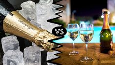 champagne being poured into wine glasses in front of an outdoor swimming pool with ice cubes