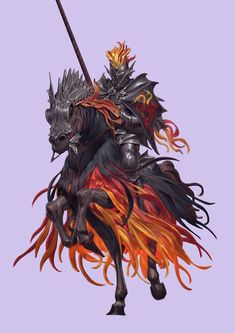 a man in armor on a horse with flames