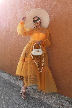 Orange Tulle Dress, Gaun Tulle, Chic Party, Orange Plaid, Fashion Weeks, Sheer Dress, Yellow Dress