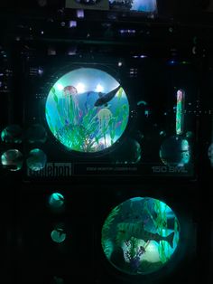 an aquarium is lit up in the dark with green algaes and other aquatic items