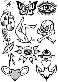 an assortment of tattoos with skulls and flowers