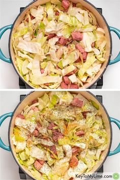 two pictures showing different stages of cooking cabbage and meat