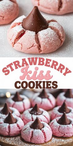 strawberry kiss cookies with chocolate frosting and sprinkles on top are shown