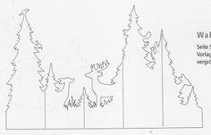 a line drawing of trees and reindeers in the woods