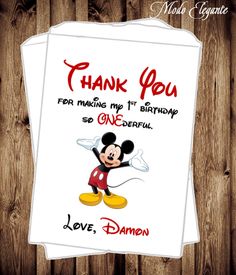 a mickey mouse birthday card with the words, thank you for making my 1st birthday so wonderful