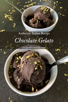 two bowls filled with chocolate gelato and pistachio