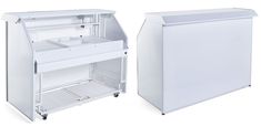 two white refrigerators side by side, one with the door open and the other closed