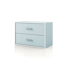 a light blue dresser with two drawers on it's front and back sides, against a white background