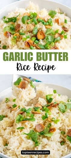 garlic butter rice recipe in a white bowl