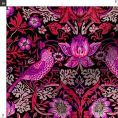 an intricately designed wallpaper with birds and flowers in pink, purple and red