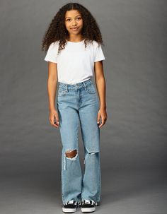 Rsq High Rise Wide Leg Jeans. Zip Fly And Button Closure. Belt Loop Waist. Traditional Five Pocket Styling. Rips At The Knees. Raw Wedge Hem. Slight Distressing At Pockets. High Rise. Wide Legs. Approx. Inseam: 27''. 100% Cotton. Machine Wash. Imported. | Rsq Girls High Rise Wide Leg Jeans Boyfriend Jeans Kids, Preppy Tops For School, Preteen Fashion For Girls, Pre Teen Girls Outfits, Preteen Outfits For Girls, 6th Grade Girl Outfits, Lexi Outfits, School Outfits Kids, Middle School Outfits 7th Grade