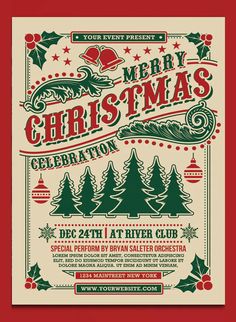 a christmas party flyer with trees and presents on it's front cover, in green and red