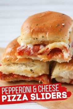 two pepperoni and cheese pizza sliders stacked on top of each other with the title overlay