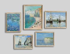 four paintings are hanging on the wall next to each other, including one with an ocean scene