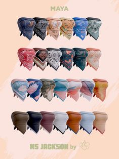 many different types of bandannas are shown in this graphic style, with the names and colors on them