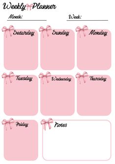 a pink weekly planner with bows on the side and words that read, week - by - month