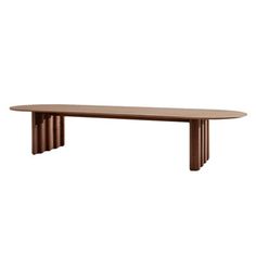 an oval wooden table with four legs and a long, slender base on the top