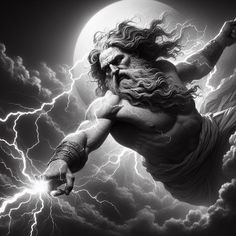 a man with long hair and beard standing in the air surrounded by lightning