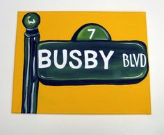 a painting of a busby blvd sign on a yellow and green background