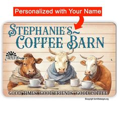 personalized coffee bar sign with three cows on the table and two cups of coffee