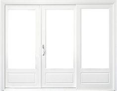 an open white door with glass panels and two doors on each side, in front of a