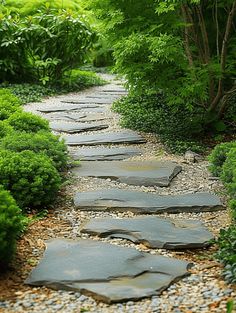 Garden Path Ideas: Zen Garden Path with Oversized Flat Slate Stones River Rock Garden Path, Backyard Walkways, Garden Pathway Ideas, Garden Path Ideas, Gravel Walkway, Garden Patios, Building Landscape, Slate Garden