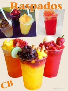 three cups filled with different types of drinks