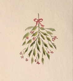 a watercolor painting of mist and berries on a white paper with a red bow