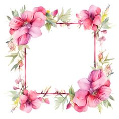 a square frame with pink flowers and green leaves on the edges, painted in watercolor