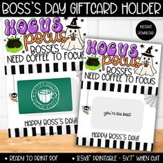 two halloween coffee mugs with the words boss's day gift card holder