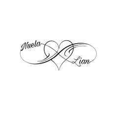 two hearts with the word mela and lain written in cursive writing