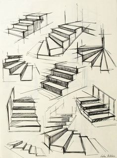 a drawing of steps and railings on a sheet of paper with some lines drawn in it