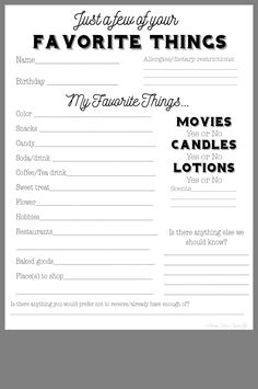 a printable list for favorite things with the words, movies, candles and lotions