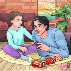 a man sitting on the floor next to a boy who is playing with a toy car