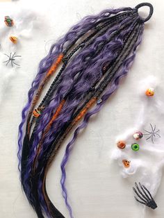 Set of dreadlocks, dreadcurls and braids on elastic band for Halloween. Set of 11 dreads on elastic.  5 SE dreads, 2 braids and 4 dreadcurls on elastic band: length ~66cm; thickness~0.6~0.7cm Accessories: pumpkin charm, cat charm, 6 black plastic beads with smiles.  These ponytails are a quick and simple way to add color or length or even both to your hair or dreads! They are made out of kanekalon to create a cool hairstyle with almost no effort! It's really easy to use.  ❗️ Remember! ❗️ Colors Halloween Dreadlocks, Dread Ponytail, Faux Dreads, Dread Accessories, 2 Braids, Crochet Dreadlocks, Ombre Braid, Double Ended Dreads, Kanekalon Hairstyles