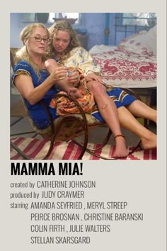 two women are sitting on a rocking chair in front of a bed with the caption mamma mia