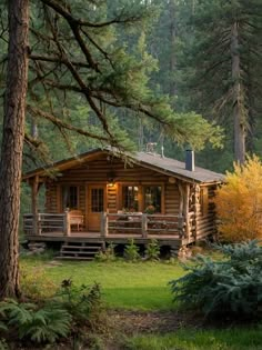 a log cabin nestled in the woods surrounded by tall pine trees and green grass, is lit up at night