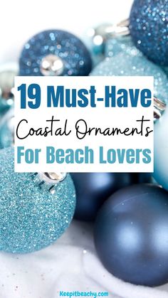 blue and silver ornaments with the words 19 must have coastal ornaments for beach lovers