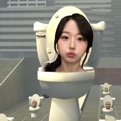 an animated image of a woman sitting on a toilet in front of many men's heads