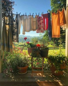 clothes hanging out to dry in the sun on a line with flowers and potted plants