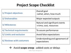 the project scope checklist is shown in black and white, with an arrow pointing to it