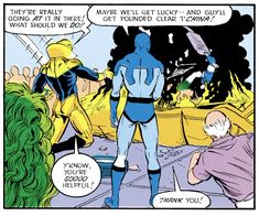 a comic strip with an image of a man in blue and yellow suit surrounded by other people