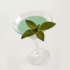 a green drink in a glass with a leaf sticking out of the top, on a white surface